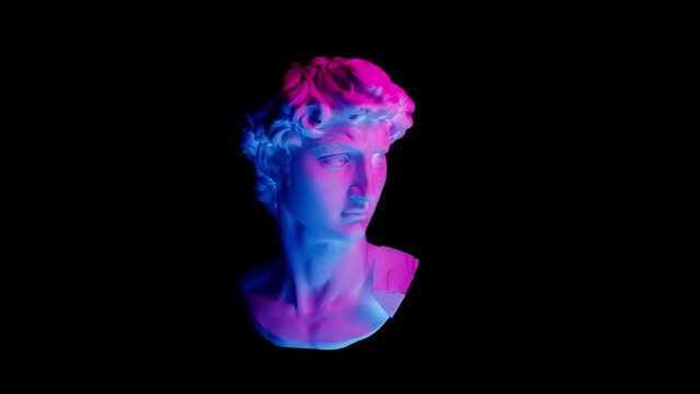 Talking head of an ancient sculpture of David speaking animation, a modern dual pink blue lighting, contemporary art element,isolated,black background
