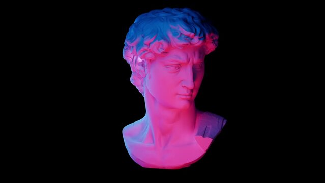 Talking head of an ancient sculpture of David rotate animation, a modern dual pink blue lighting, contemporary art element,isolated,black background