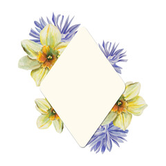 Watercolor pre-made rhombus flower frame design with wildflowers, daffodils. Stand with Ukraine concept. For T-shirt, poster print, cards, posters, fabric, magazines, advertising, wedding stationery