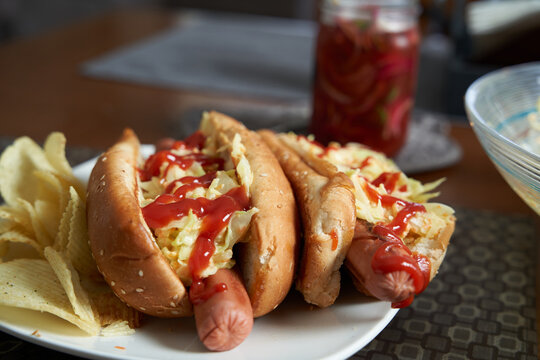 home made hot dogs with coleslaw and fries