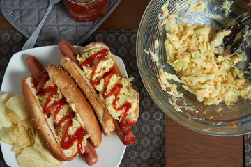 home made hot dogs with coleslaw and fries, top view