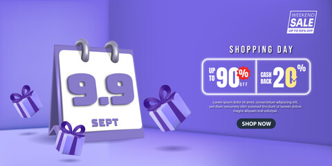 9.9 Mega Sale with 3D Calendar. September sales banner template design for social media and website.