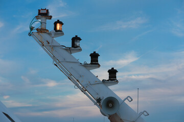 Navigation and radar equipment and antenna on the mast of cruise ship.	