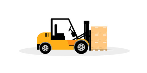 Forklift truck with goods . Boxes on pallets. Transport for transshipment of containers, goods. Vector illustration. EPS 10