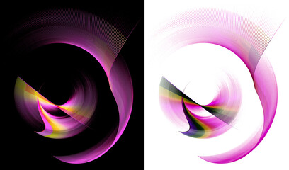 Purple, with color accents, striped, differently curved abstract propellers blades rotate on white and black backgrounds. Icon, logo, symbol, sign. Set. 3d illustration. 3d rendering. © Svetlana