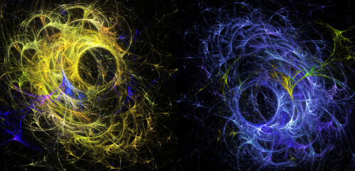 Yellow and blue swirls on a black background. Two space backgrounds in one. 3d illustration. 3d rendering.