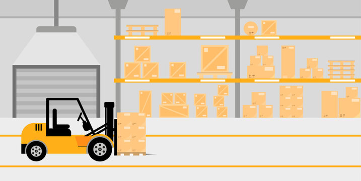 Vector image of a warehouse with boxes and crates. The loader transports boxes. Vector illustration. EPS 10