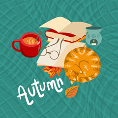 Cute autumn things: sweater, pumpkin, tea, cocoa, cake, socks. Autumn mood. - 521489112