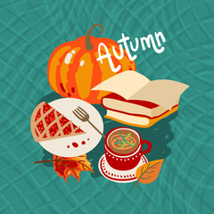 Cute autumn things: sweater, pumpkin, tea, cocoa, cake, socks. Autumn mood. - 521489330