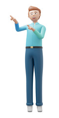 3D character business man pose pointing product Isolated white background image. 3D Illustration rendering.