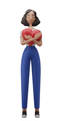 3D character woman pose hug red heart Isolated white background image. 3D Illustration rendering.