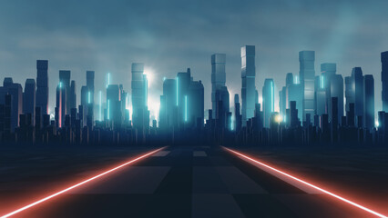Neon dark city with red light technology background. cyber punk style. 3D illustration rendering.