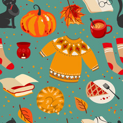 Cute autumn things: sweater, pumpkin, tea, cocoa, cake, socks. Autumn mood. - 521489540