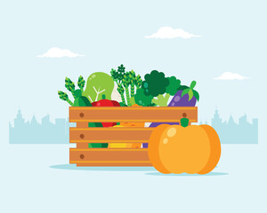 Wooden box full of fresh vegetables with city in the background. Box contains broccoli, asparagus, carrot, zucchini, pumpkin, pepper, eggplant, swiss chard. Vector illustration flat design style. 