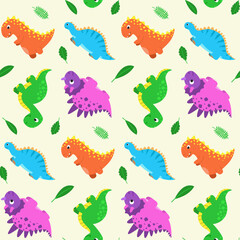 Seamless pattern with funny cartoon dinosaurs. Cute print for children clothes, textile, nursery room decor. Baby background for fabric, postcard, wrapping paper, gift products, wallpaper. 