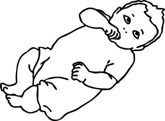 Baby laying, moving arms and legs. Nice dressed little child. New family member. Hand drawn illustration for event celebration design, postcard, invitation or poster. Cartoon character vector drawing.