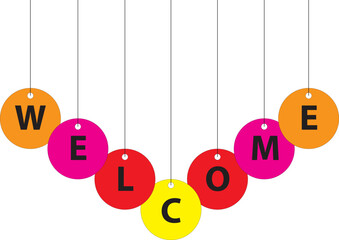 Banderín colgados con círculos de colores con la palabra Welcome. Icono vector. Vista de frente