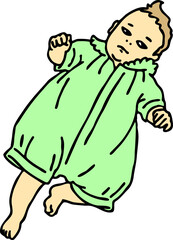 Baby laying, moving arms and legs. Nice dressed little child. New family member. Hand drawn illustration for event celebration design, postcard, invitation or poster. Cartoon character vector drawing.