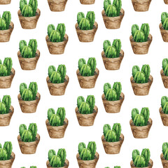 Seamless pattern with green cacti in pots. Watercolor background for textiles, wallpaper, bed linen and packaging.