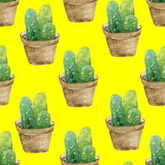 Seamless pattern with green cacti in pots. Watercolor background for textiles, wallpaper, bed linen and packaging.