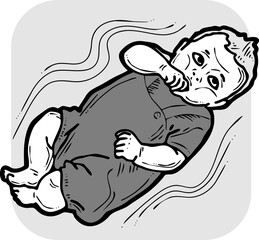 Baby laying, moving arms and legs. Nice dressed little child. New family member. Hand drawn illustration for event celebration design, postcard, invitation or poster. Cartoon character vector drawing.