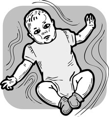 Baby laying, moving arms and legs. Nice dressed little child. New family member. Hand drawn illustration for event celebration design, postcard, invitation or poster. Cartoon character vector drawing.