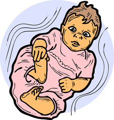 Baby laying, moving arms and legs. Nice dressed little child. New family member. Hand drawn illustration for event celebration design, postcard, invitation or poster. Cartoon character vector drawing.