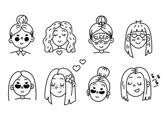 Vector set of cute female doodle hand-drawn portraits. Cute girls in line style for print, stickers, design.