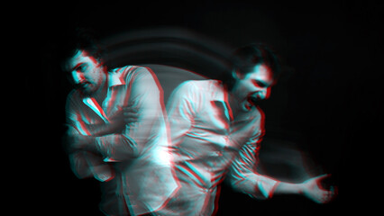 Abstract blurry portrait of a schizophrenic man with mental disorders and bipolar split personality. Black and white with 3D glitch virtual reality effect
