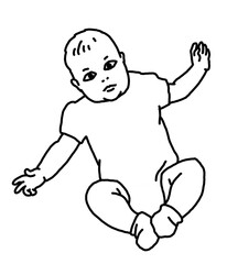 Baby laying, moving arms and legs. Nice dressed little child. New family member. Hand drawn illustration for event celebration design, postcard, invitation or poster. Cartoon style character drawing.