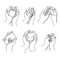 Set Continuous line icon Charity Donation Helping hands Giving alms. Payment in cash, purchase or purchase of goods. Vector illustration isolated on white background