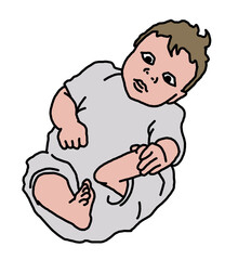 Baby laying, moving arms and legs. Nice dressed little child. New family member. Hand drawn illustration for event celebration design, postcard, invitation or poster. Cartoon style character drawing.