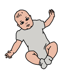 Baby laying, moving arms and legs. Nice dressed little child. New family member. Hand drawn illustration for event celebration design, postcard, invitation or poster. Cartoon style character drawing.