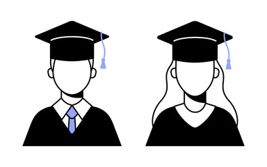 Set of icons of college and university graduates. The face of a male and female student