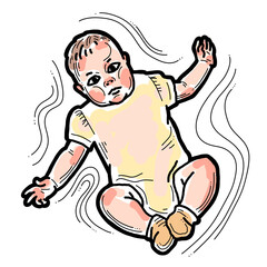 Baby laying, moving arms and legs. Nice dressed little child. New family member. Hand drawn illustration for event celebration design, postcard, invitation or poster. Cartoon style character drawing.