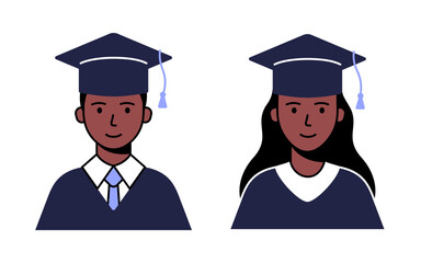 Set of icons of college and university graduates. The face of an African American male and female student.