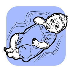 Baby laying, moving arms and legs. Nice dressed little child. New family member. Hand drawn illustration for event celebration design, postcard, invitation or poster. Cartoon style character drawing.