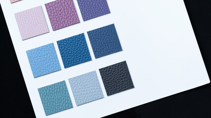 High quality sample book of vegetable tanned leather on black background for leather industry with cold tone.