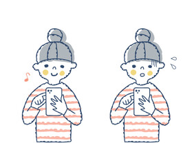 スマートフォンを操作する女の子　笑顔の表情と困っている表情
