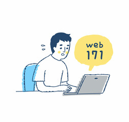 Fototapeta na wymiar パソコンで災害用伝言板web171を利用する男性