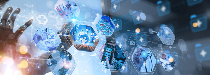Doctor with virtual globe  healthcare network connection concept.Science and medical innovation technology future sustainable smart services and solutions in global research networks. - 521493531