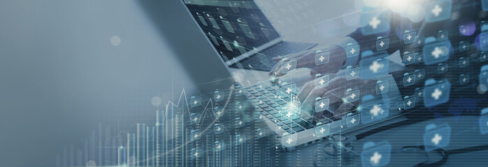 Medicine doctor working laptop document electronic medical record.Digital healthcare and network connection folders icons business virtual screen interface,medical technology and insurance concept.