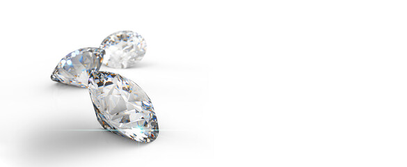 Diamonds isolated 3D rendering illustration.Round cut diamond on white glossy background, rear light, shadow, caustics rays. - 521493558