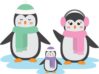 Vector illustration of penguins family in hat and scarf in cartoon style.