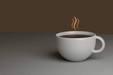 Cup of aromatic coffee is on table in 3D space. There is empty space for insertion nearby.