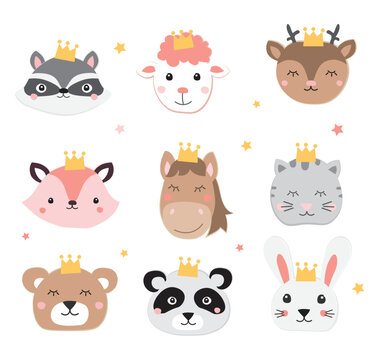 Set of cute animals heads with crowns