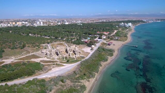 Aerial footage of Salamis Ancient City (ruins) and Mediterranean Sea coast in North Cyprus in 2019 summer
