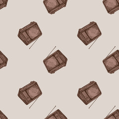 Retro TV engraved seamless pattern. Vintage television with antenna in hand drawn style.