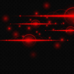 Bright red rays of light, lines with dust and sparks on a transparent background. Film texture background with light translucence
