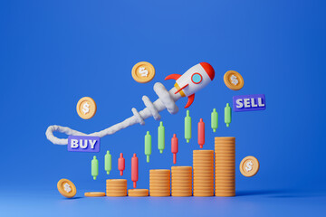 3d render concept stock market trading illustration. Rocket flying above candlestick chart and stacks of coins. - obrazy, fototapety, plakaty
